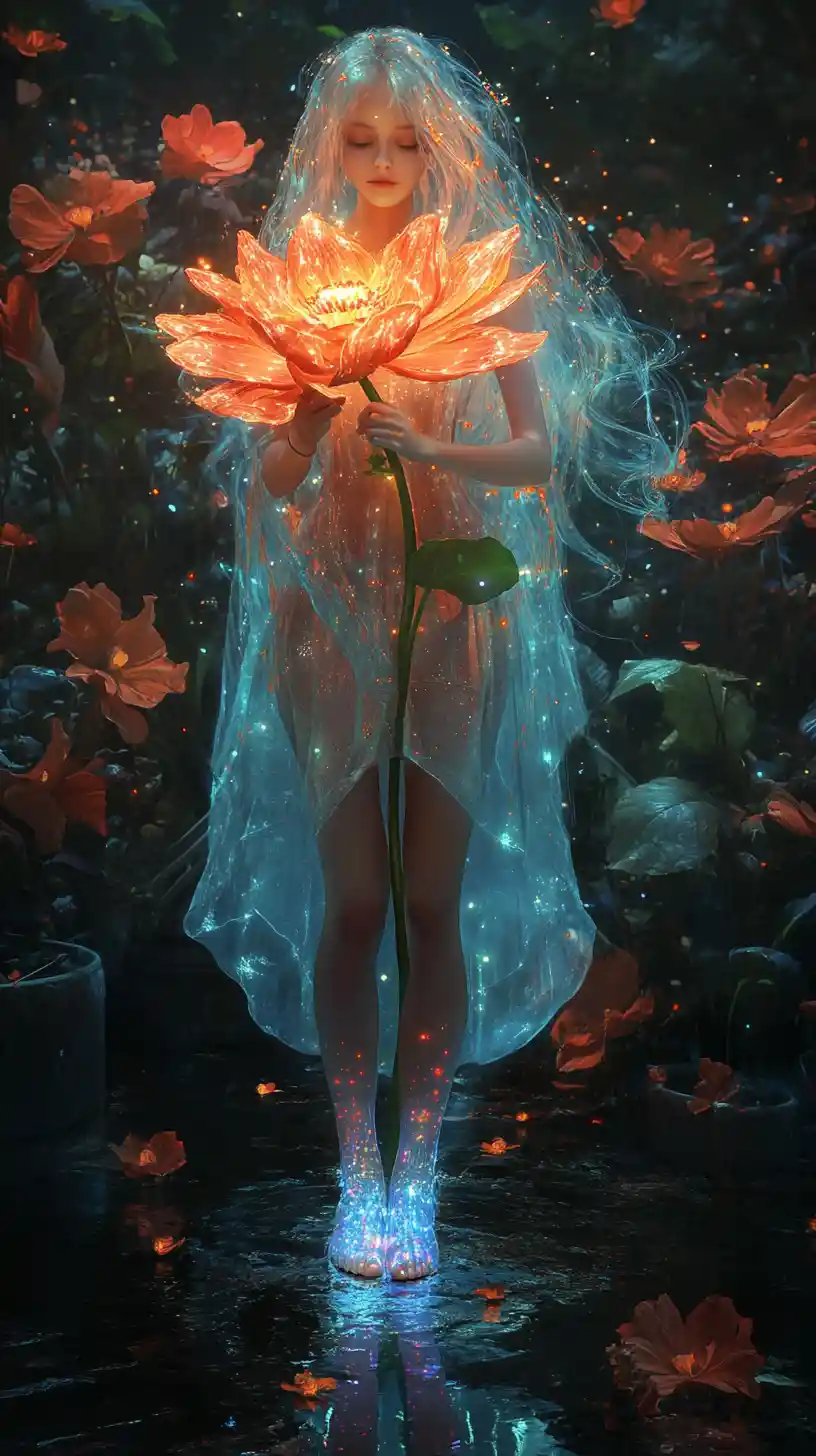 Donna eterea con fiore luminoso in un giardino mistico