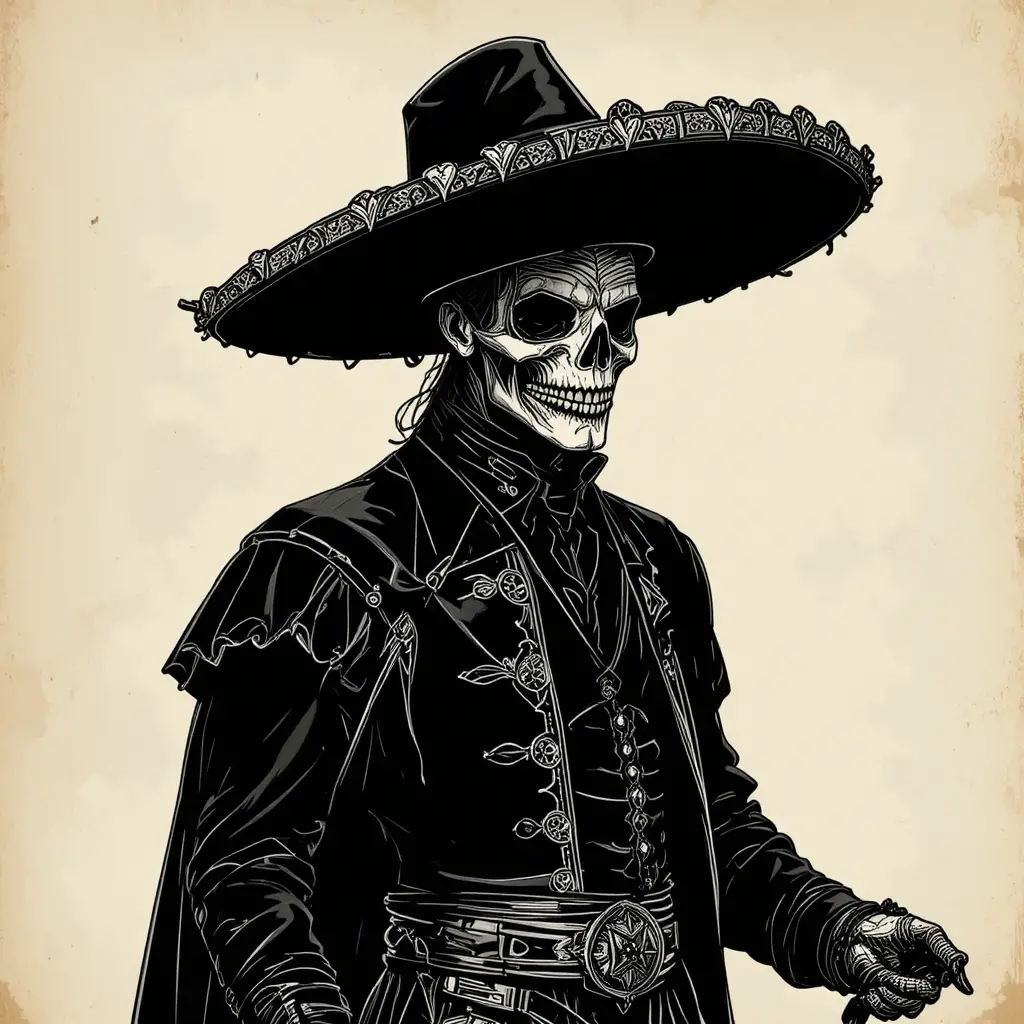 Fantasy mariachi man with skull mask on aged paper