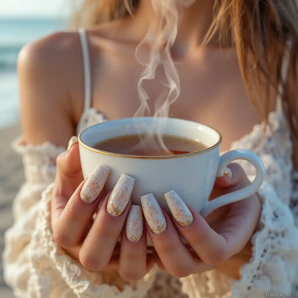 Woman with beach nail art holding tea by the sea