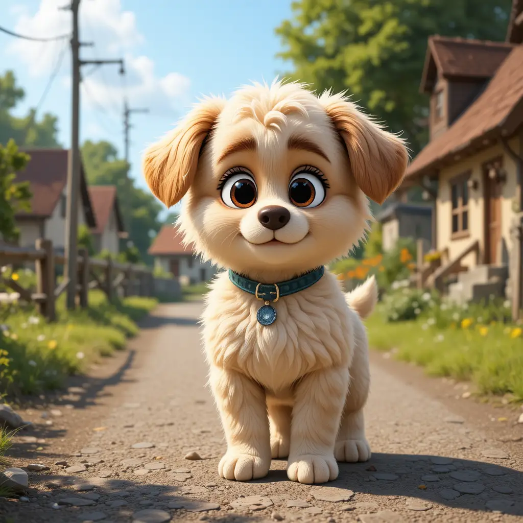 Adorable chiot tout doux dans une rue de village ensoleillée