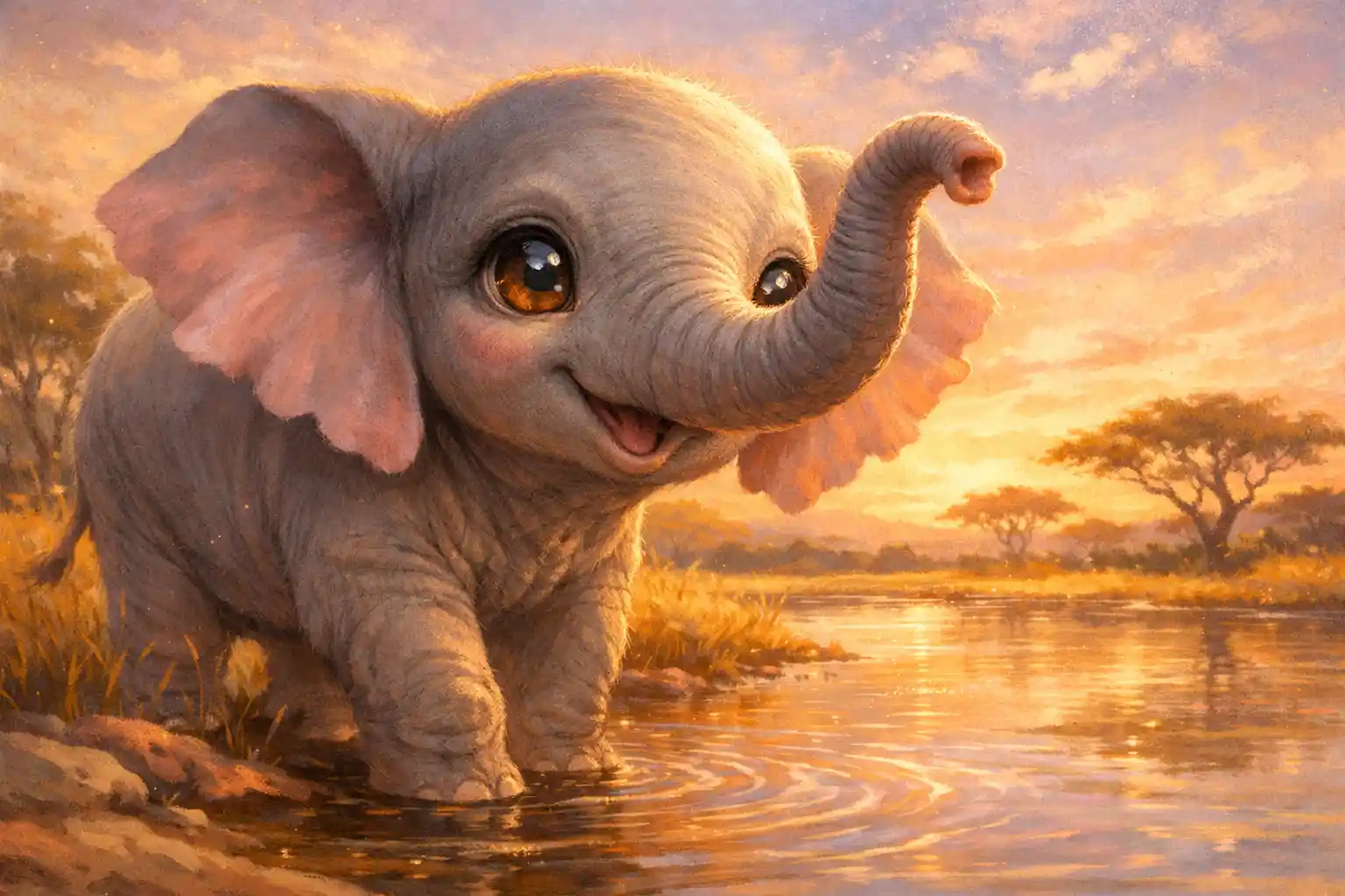 Baby elephant by a golden savanna watering hole