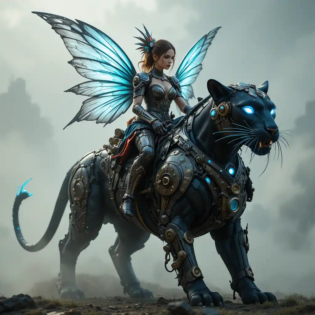 Steampunk fairy warrior riding armored panther in misty light