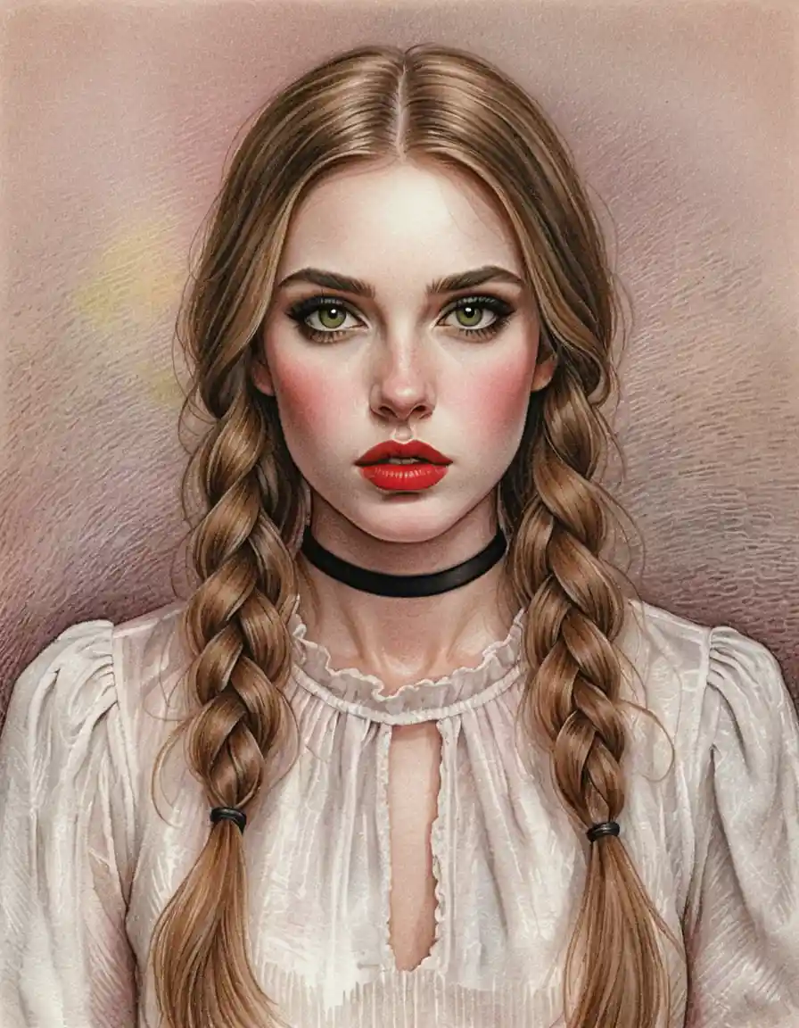 Colored pencil portrait of a girl with braids and red lips