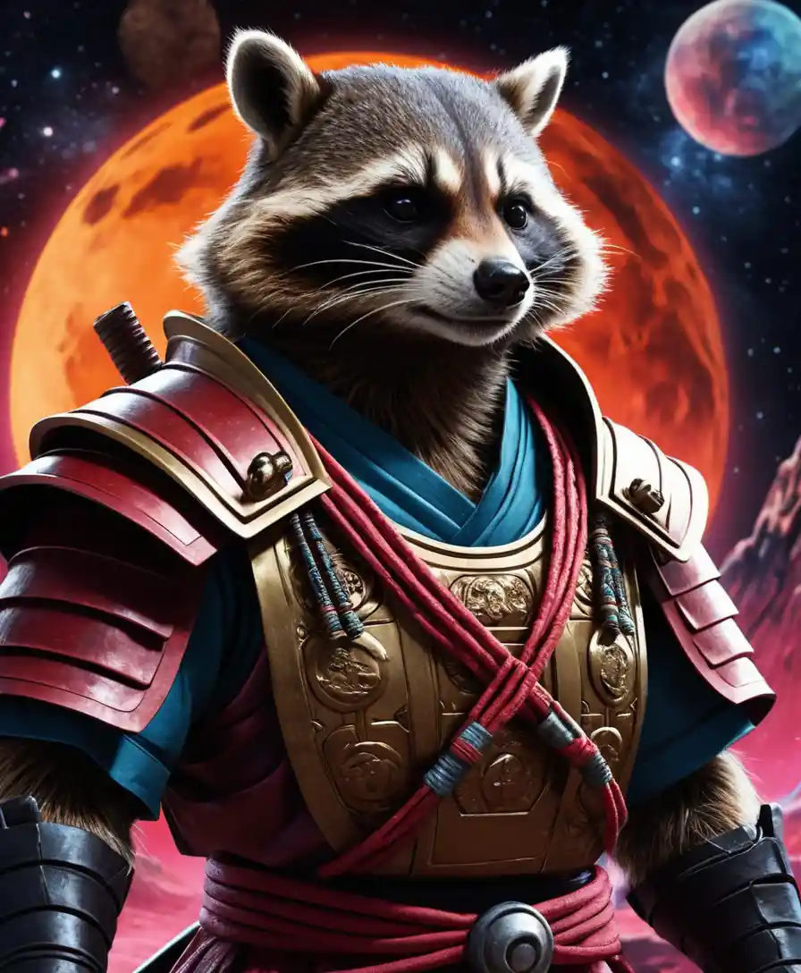 Samurai raccoon warrior floating in dramatic deep space