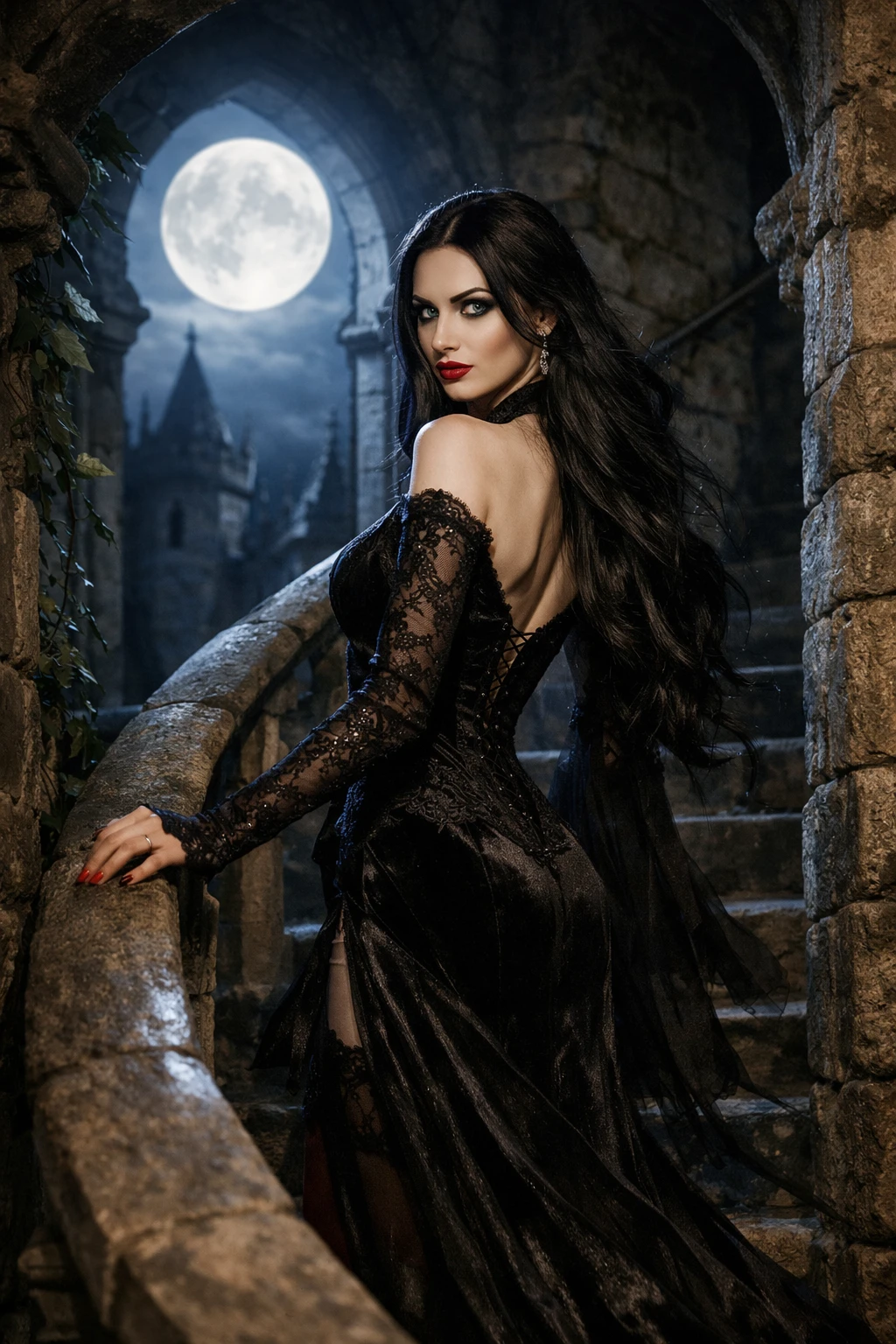 Elegant vampire woman ascending a moonlit gothic tower
