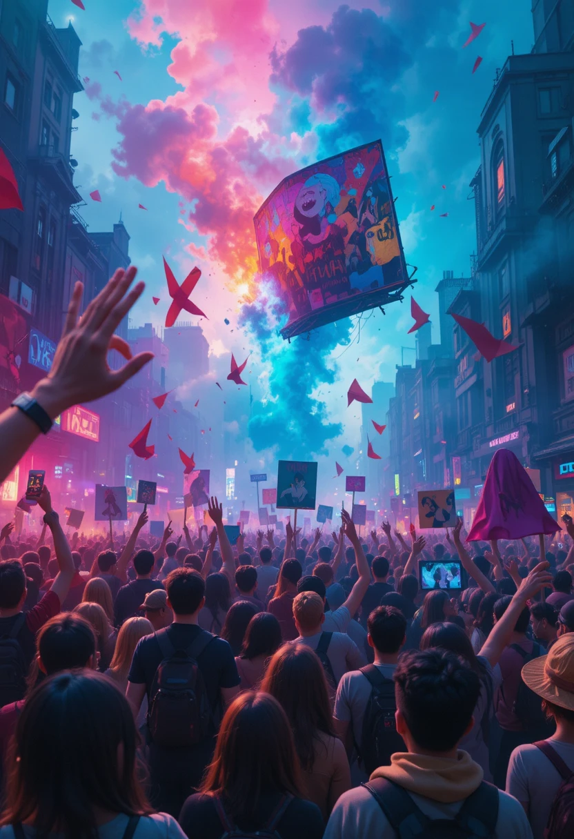 Large crowd of people rising together in the street