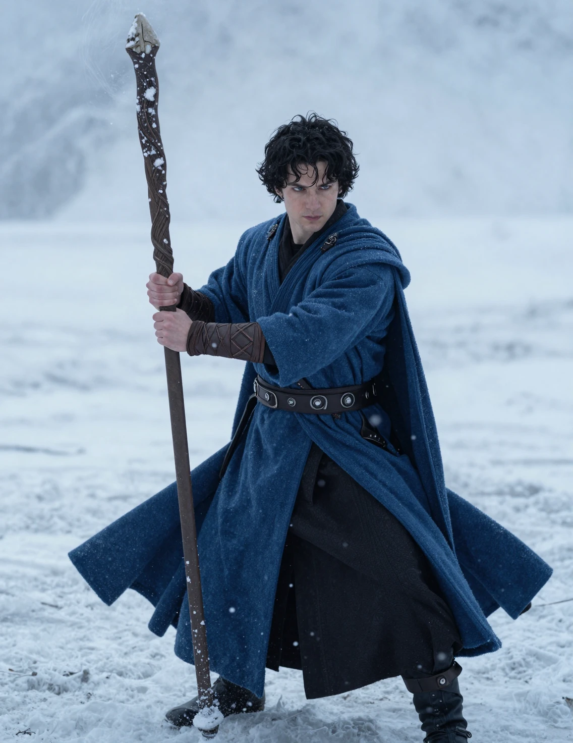 Joven mago invocando una tormenta de nieve en un mundo de fantasía