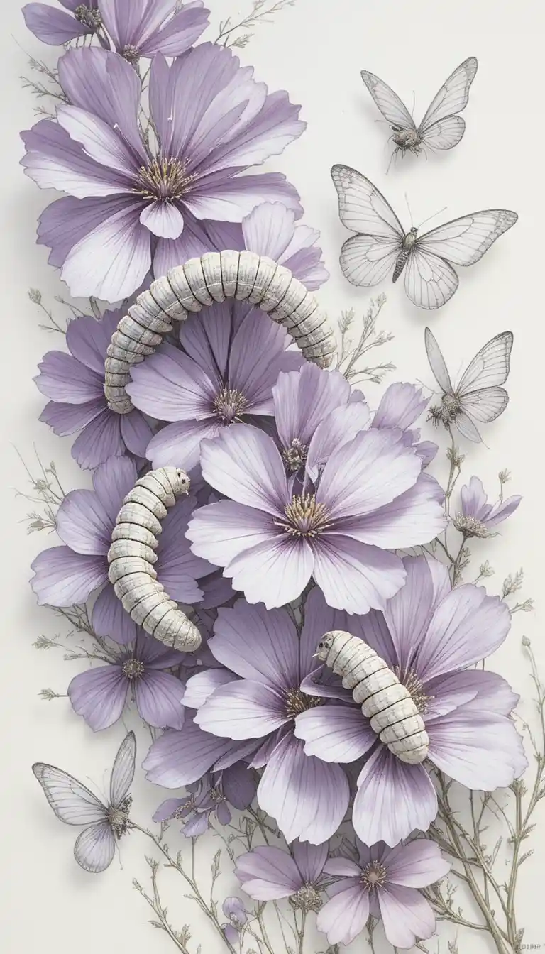 Farfalle trasparenti e bruchi su fiori lilla pallidi