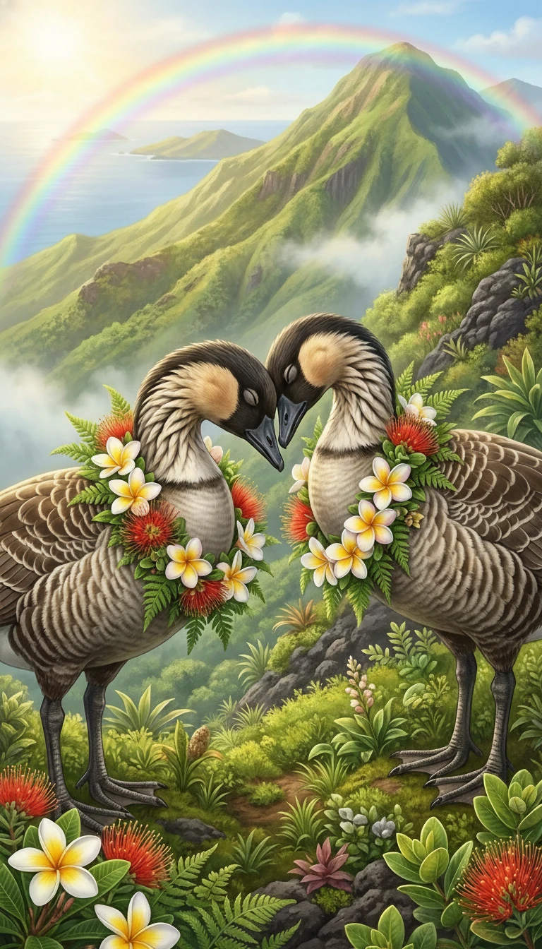 Due oche hawaiane che si toccano la fronte su una montagna verde