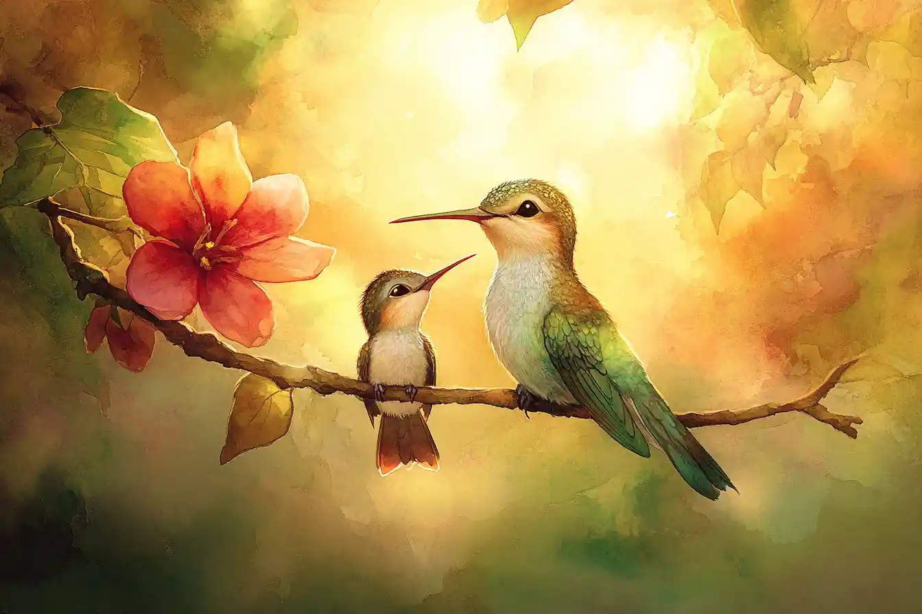 Colibrì madre con il piccolo su un ramo all’ora d’oro