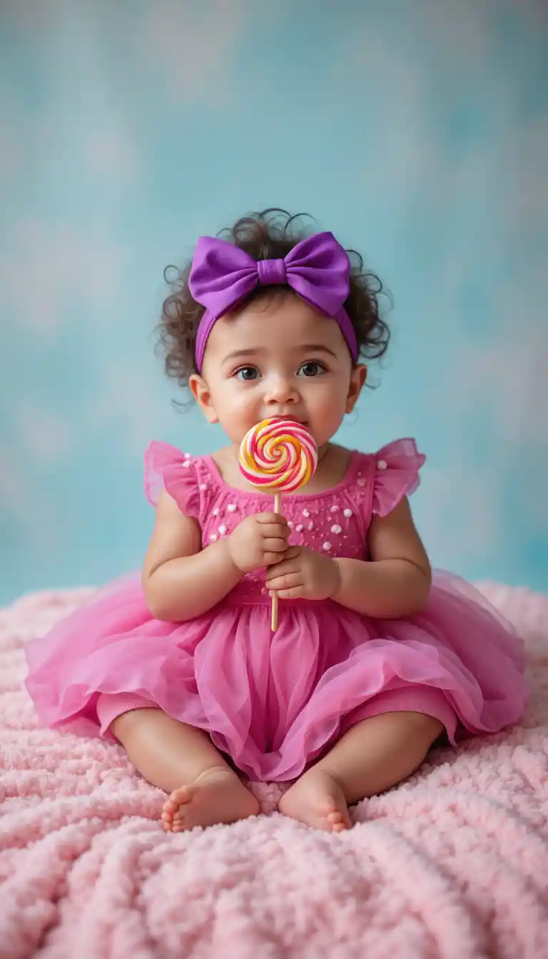 Bebé niña con piruleta gigante sobre manta rosa pastel