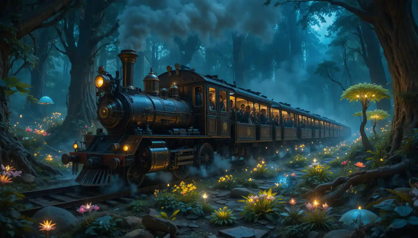 Steam train crossing a glowing bioluminescent fantasy forest