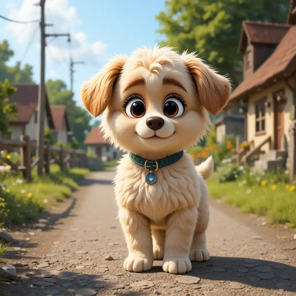 Cachorrito tierno y esponjoso en una calle soleada del pueblo