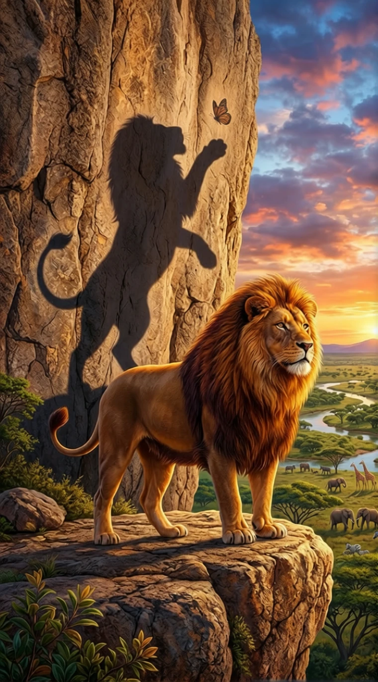 León majestuoso en un acantilado bañado por el sol sobre la sabana