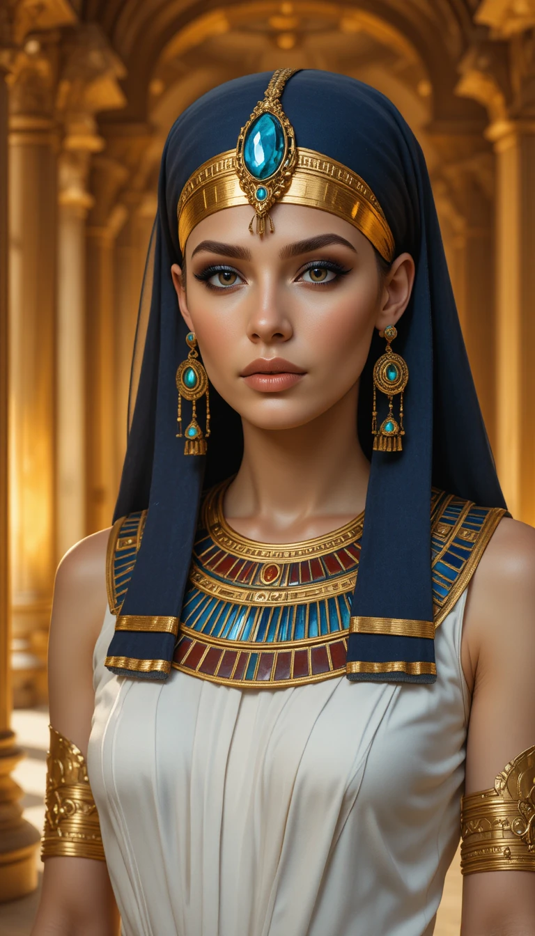 Regal Egyptian priestess in golden temple interior
