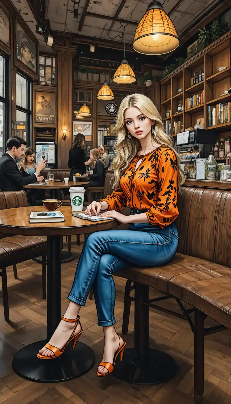 Femme blonde lisant avec un café dans l’intérieur calme d’un Starbucks