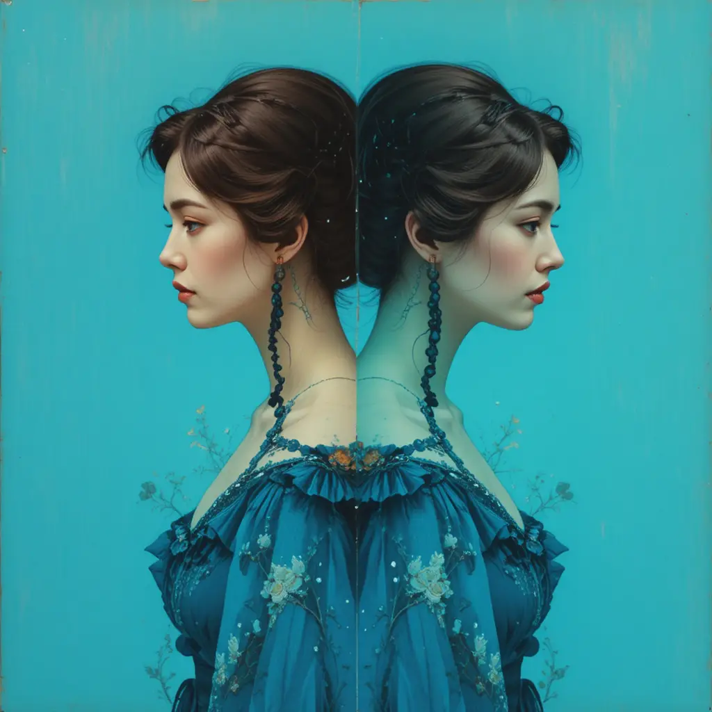 Art deco woman in blue dress with river double exposure