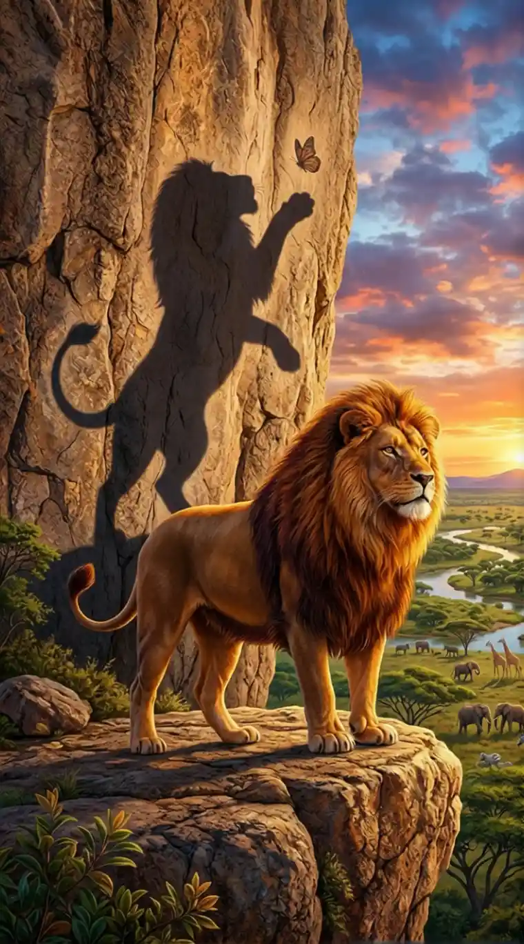 Majestic lion on a sunlit cliff above the savanna
