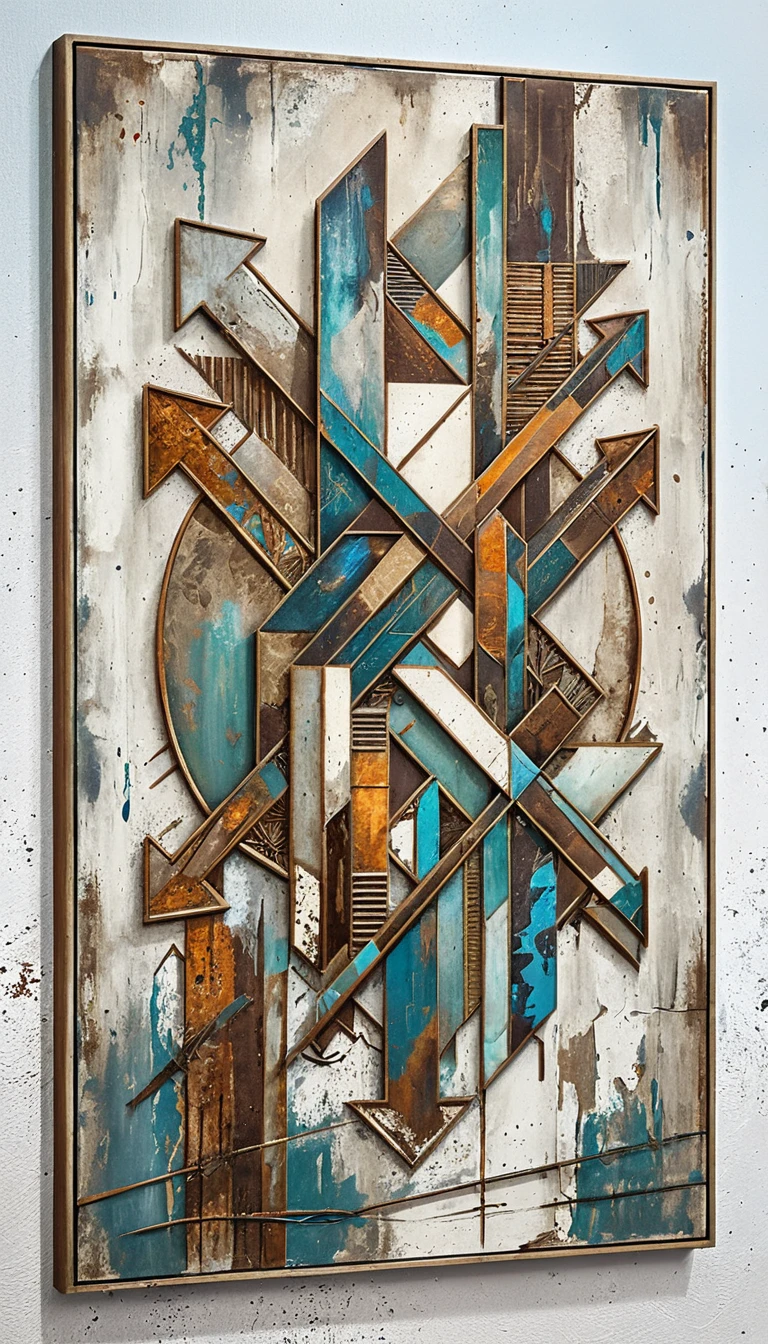 Pintura de mandala geométrica simétrica en tonos metálicos azules y óxido