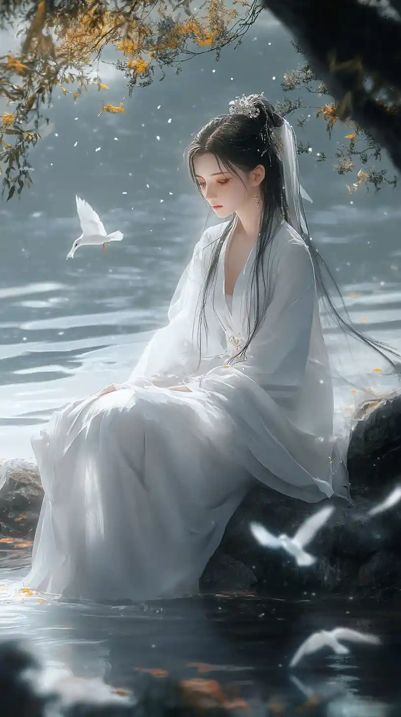 Young woman in white dress on floating rocky island