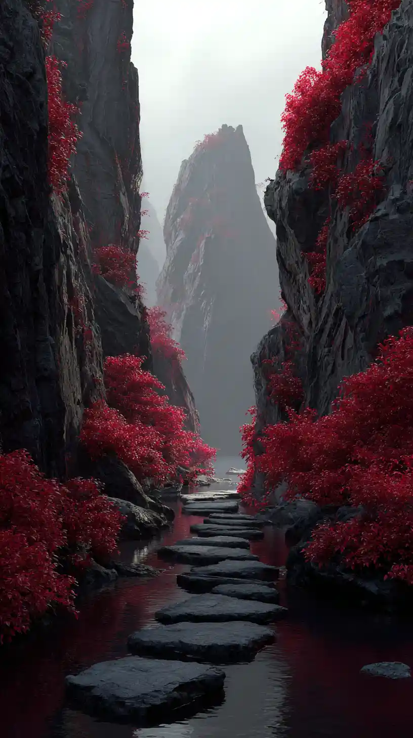 Canyon nero avvolto nella nebbia con fogliame rosso e sentiero di pietra