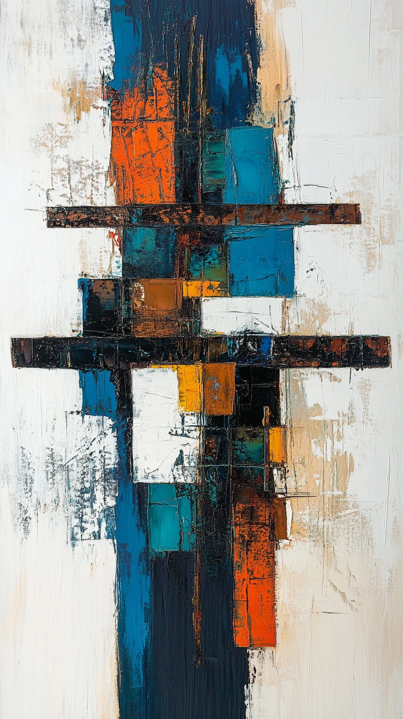 Textured abstract painting with geometric forms and dark circle