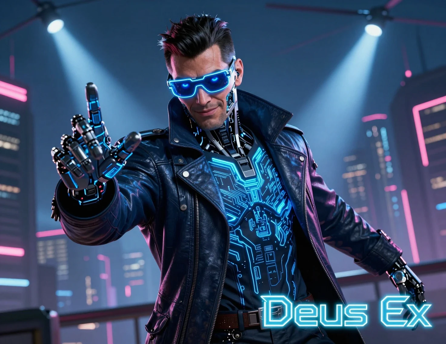 Cybernetic detective reaching out in a neon city