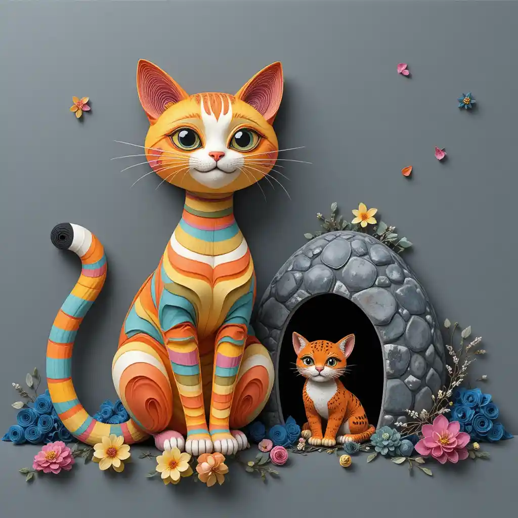 Colorful quilling cat stalking a mouse against brick wall