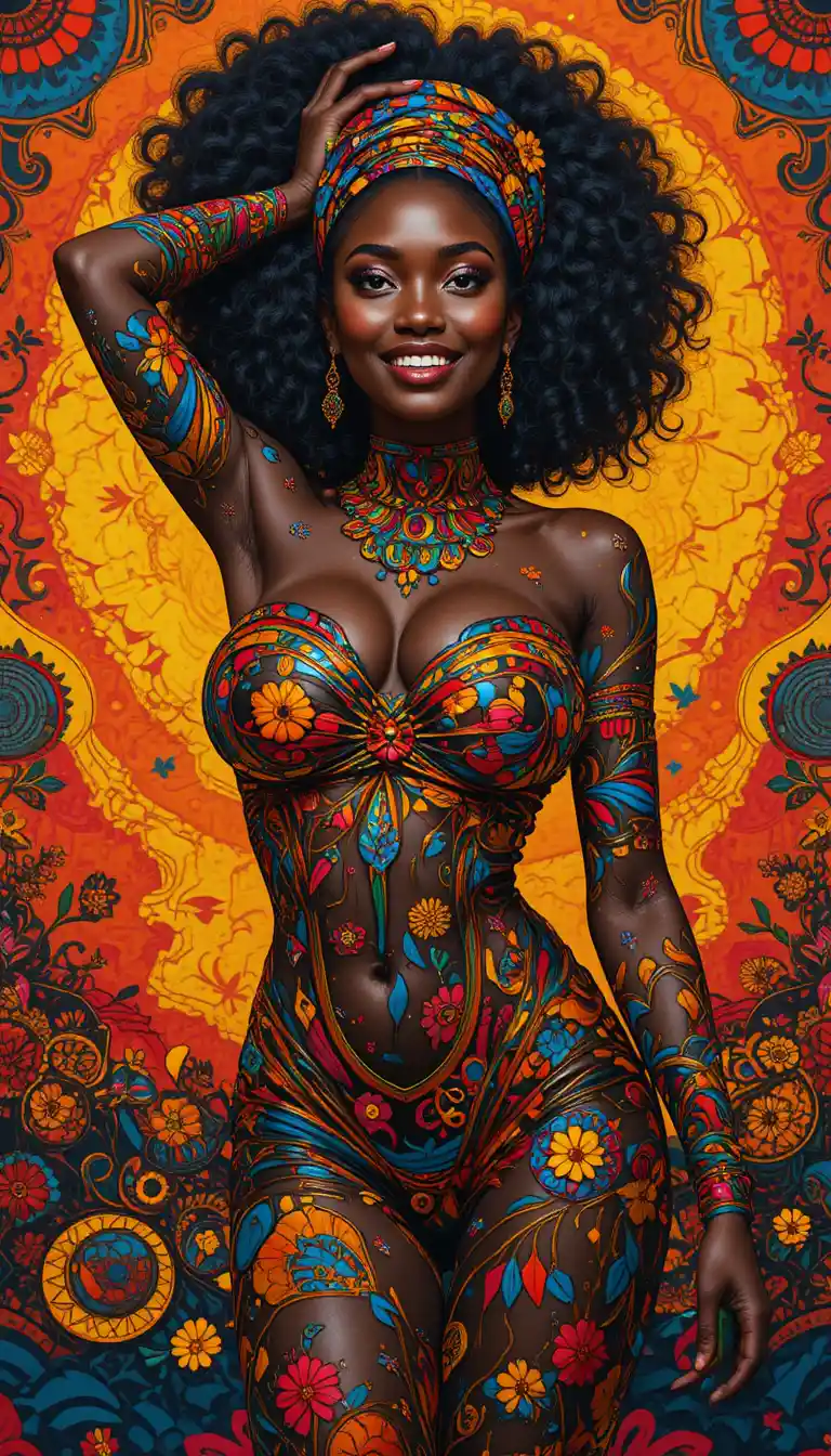 Joyful African woman in dynamic psychedelic full body pose