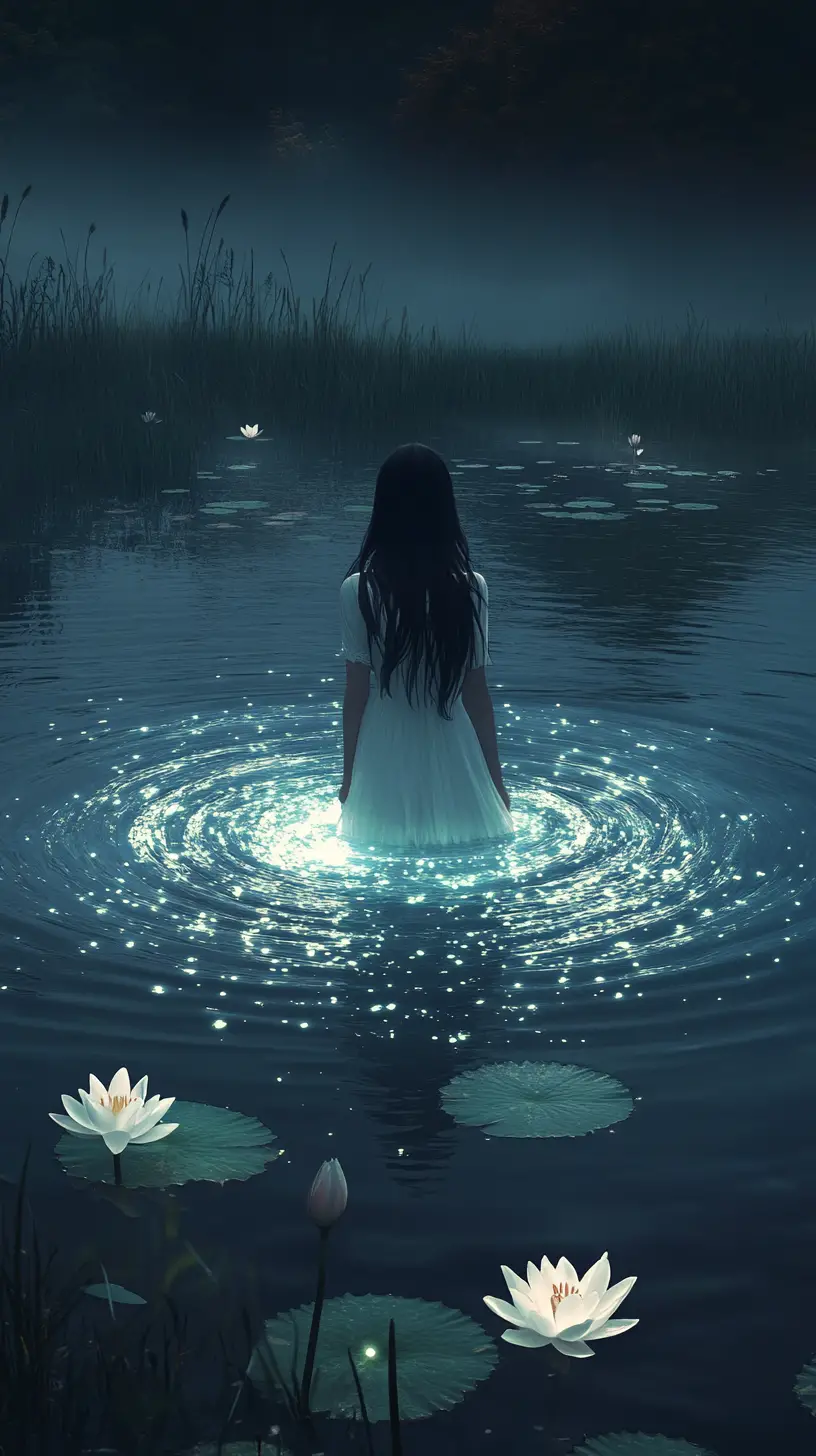 Young girl glowing in a moonlit bioluminescent pond