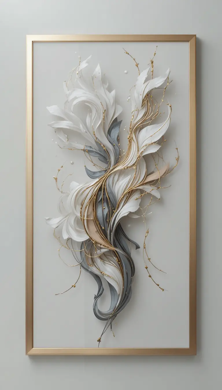 Obra de arte abstrata feminina emoldurada em tons metálicos