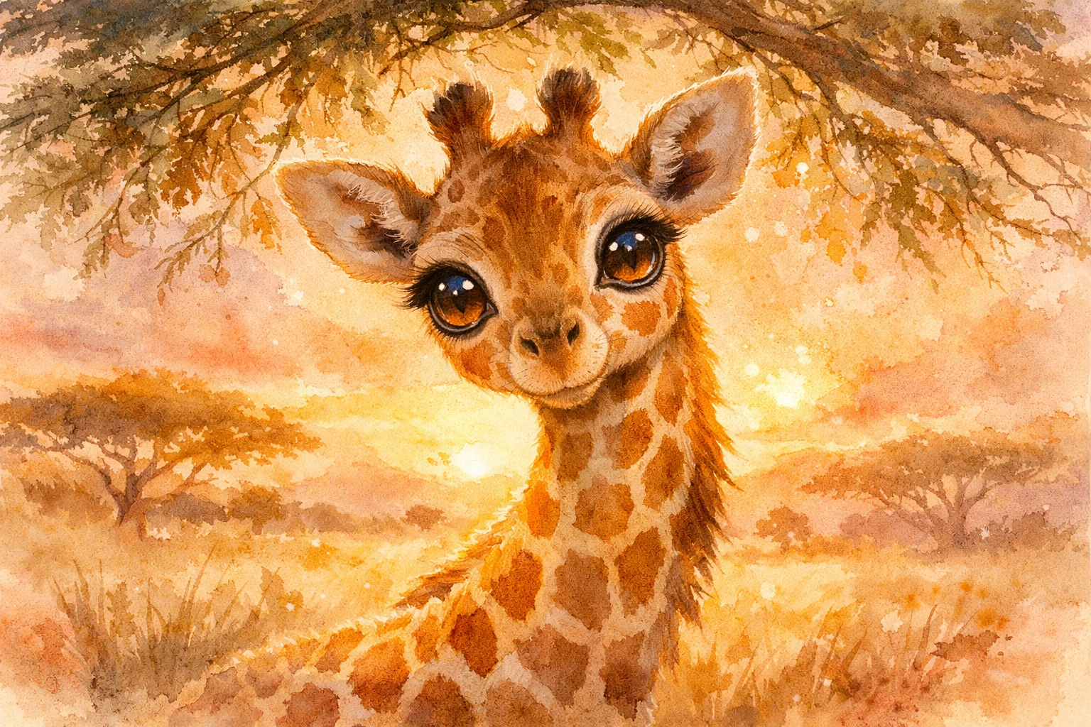 Baby giraffe under acacia branches at sunrise watercolor