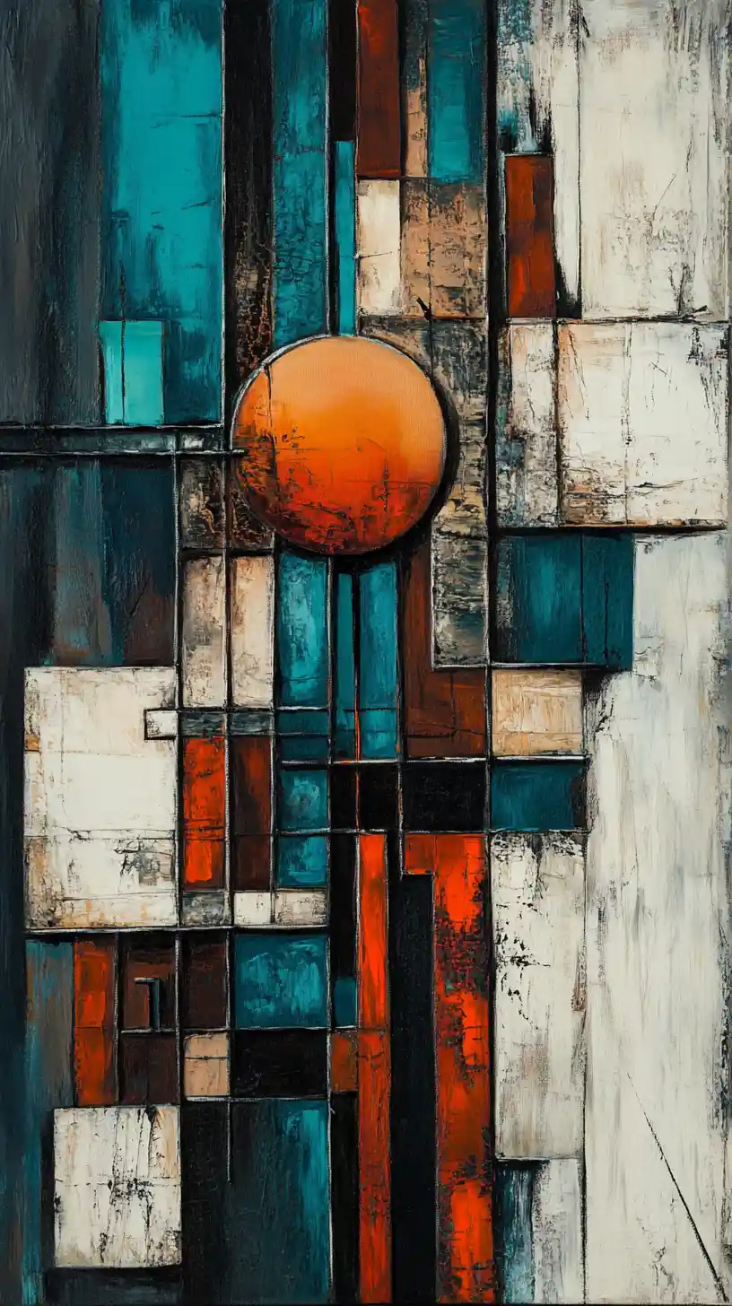 Abstract geometric oil painting with textured vertical composition