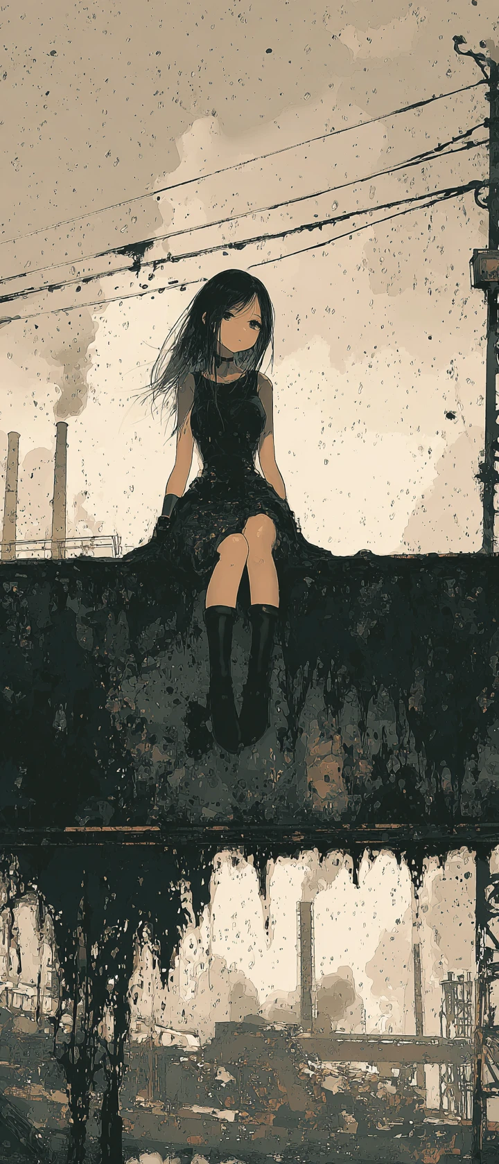 Anime girl over toxic sludge river in industrial ruins
