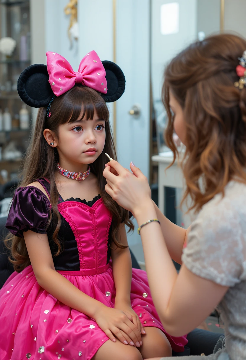 Niño aprensivo con vestido rosa mientras le aplican maquillaje