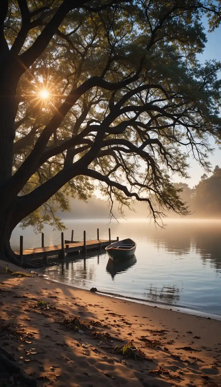 Tranquil lakeside at sunset with dock and rowboat