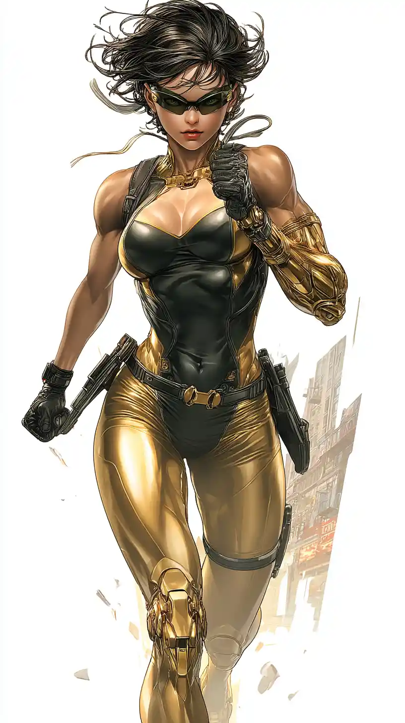 Brazilian warrior woman sprinting through a blurred city street