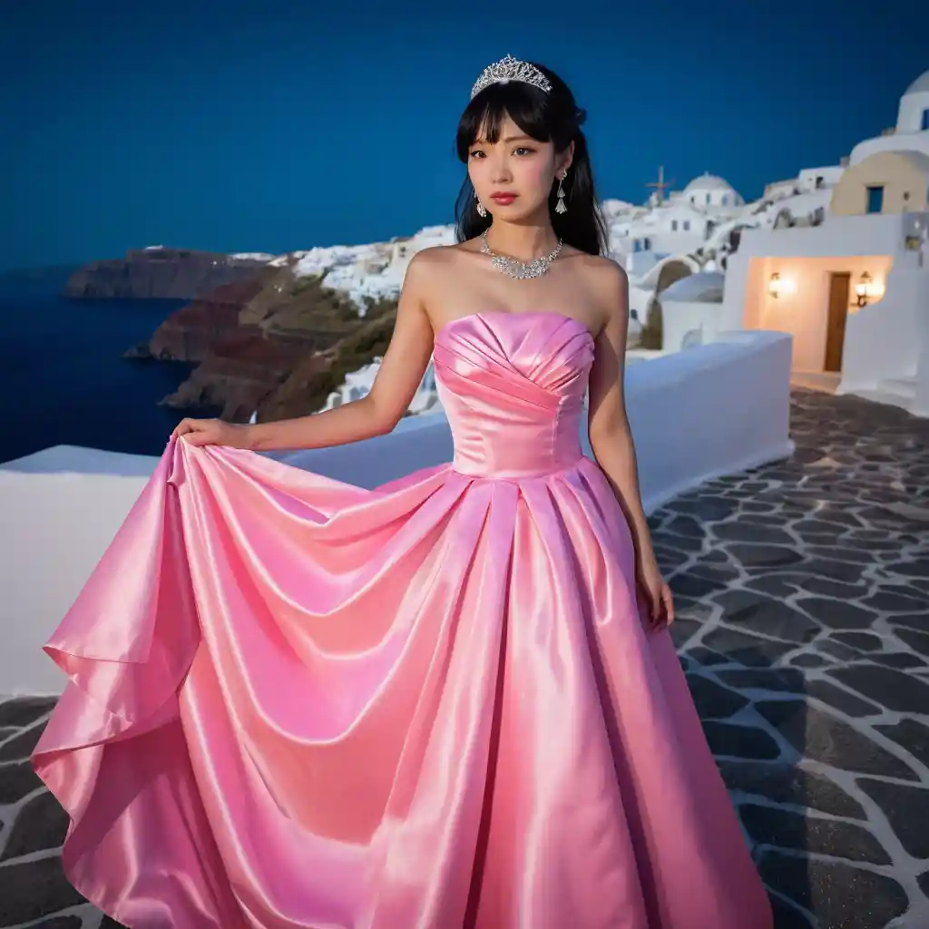 Femme élégante en robe de satin rose néon la nuit