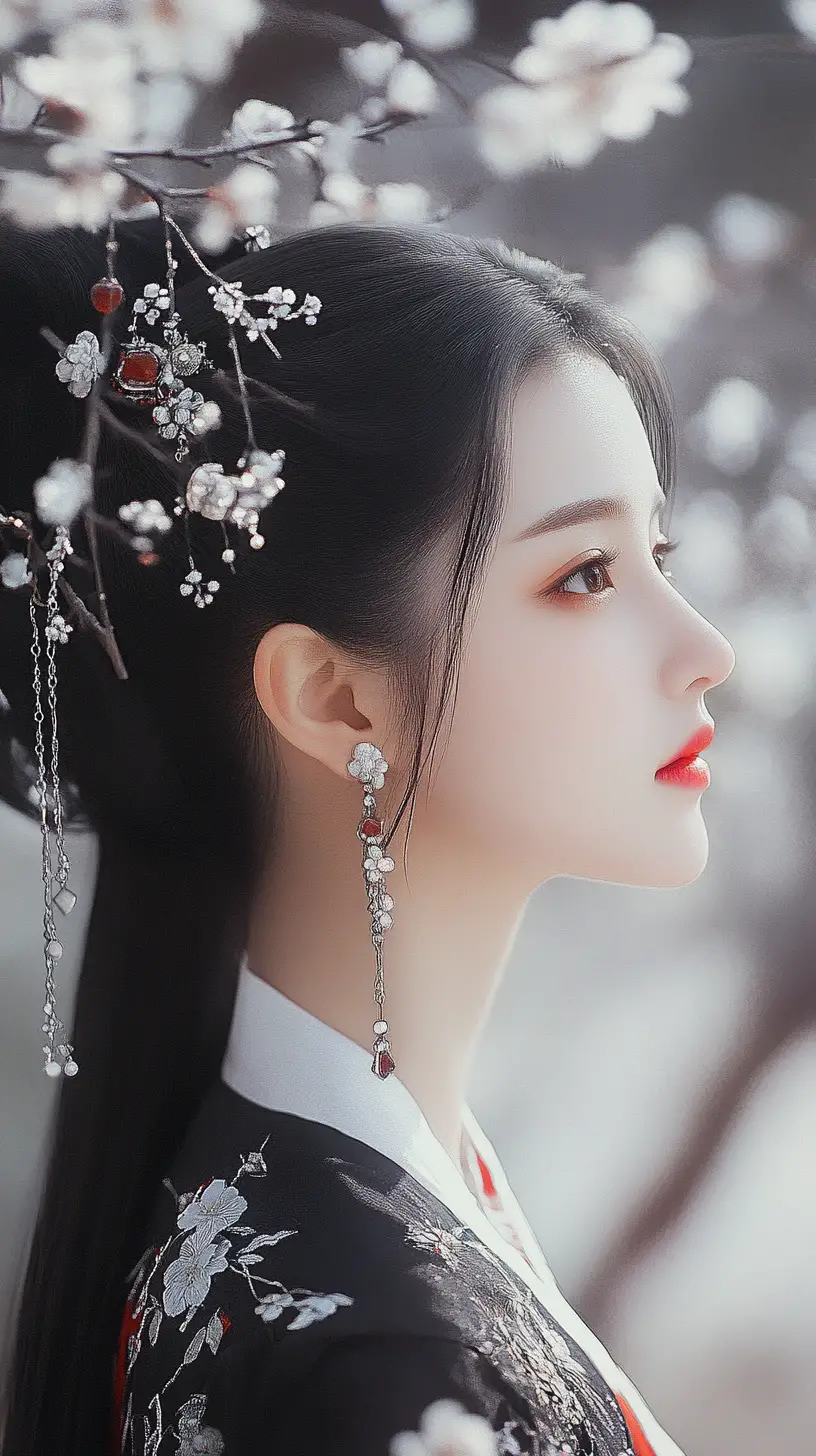 Young Asian woman in traditional black floral dress