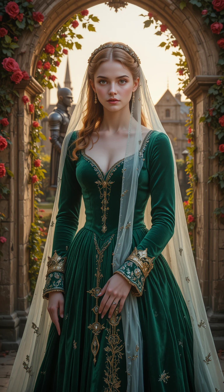 Regina in velluto verde tra le rose al crepuscolo