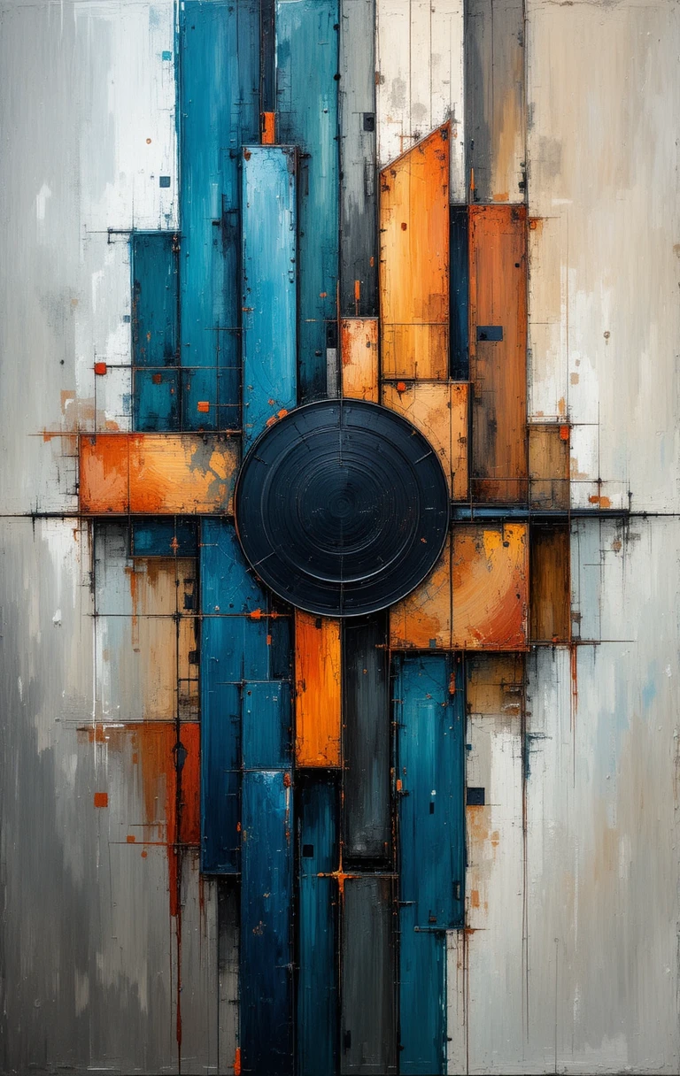 Abstract geometric oil painting with textured vertical composition