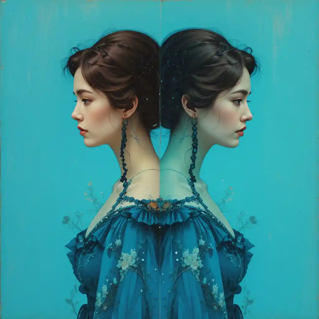 Art deco woman in blue dress with river double exposure