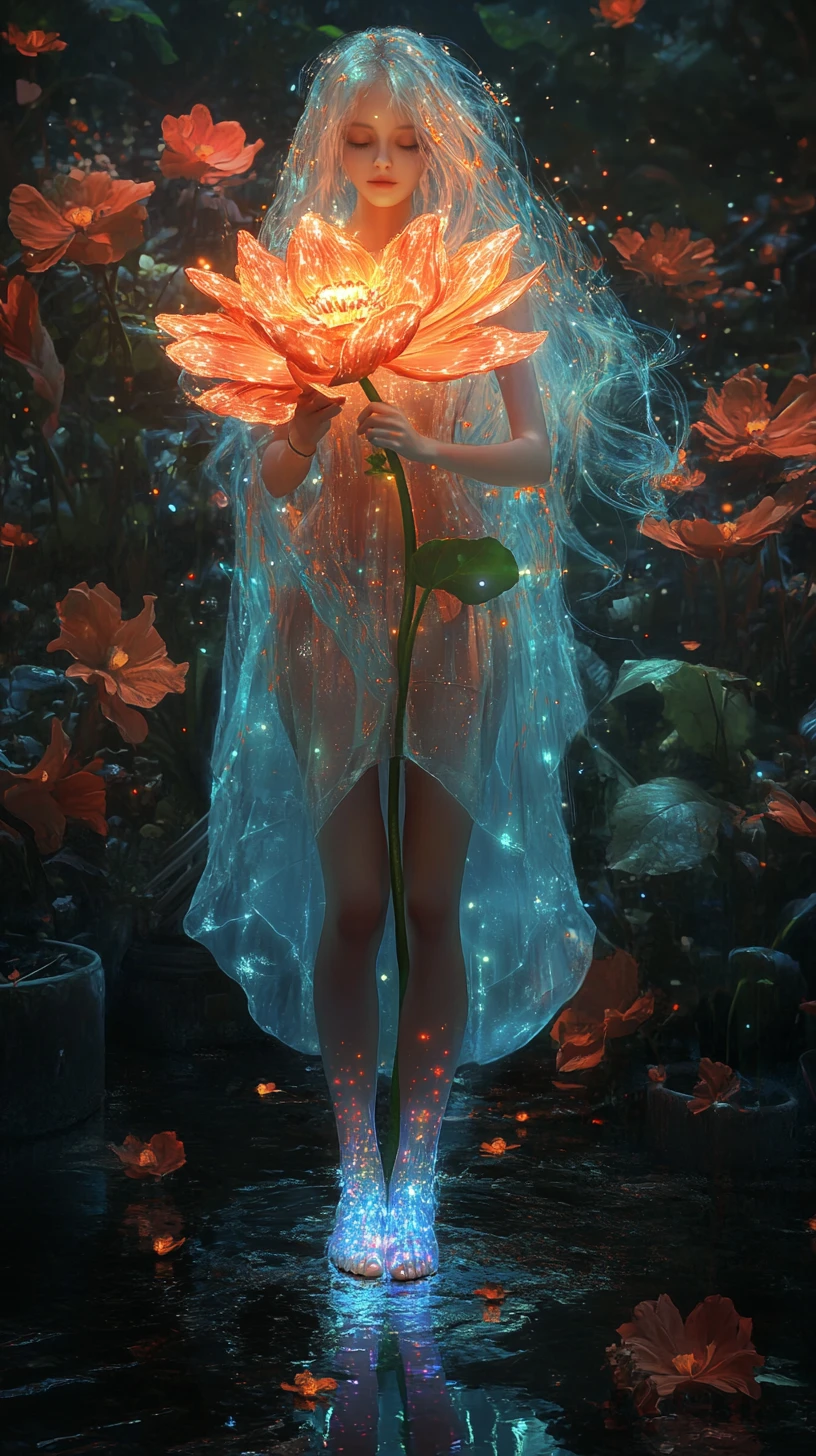 Donna eterea con fiore luminoso in un giardino mistico