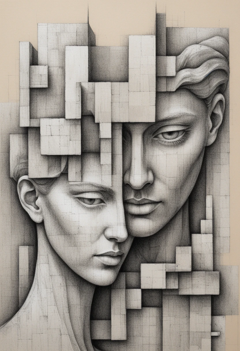 Surreal cubist fusion of two serene intertwined faces