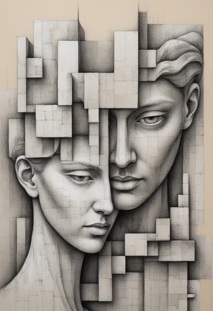 Fusione cubista surreale di due volti sereni intrecciati