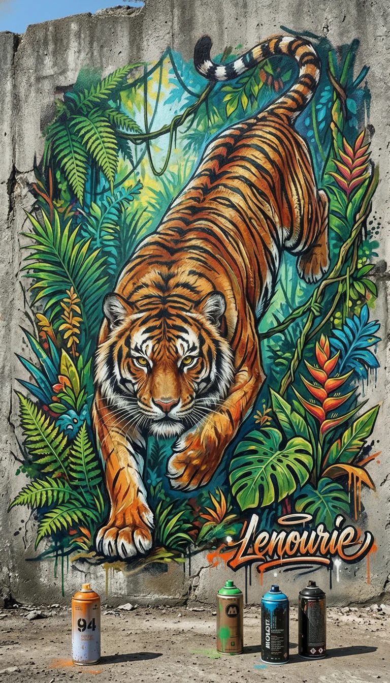 Tigre vibrante de grafiti saltando desde un muro de hormigón gris