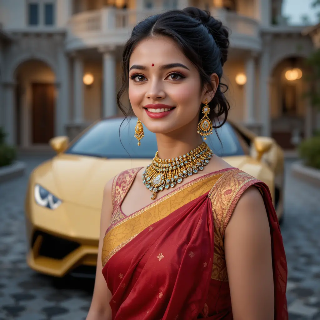 Joyful Indian woman in silk saree fashion portrait