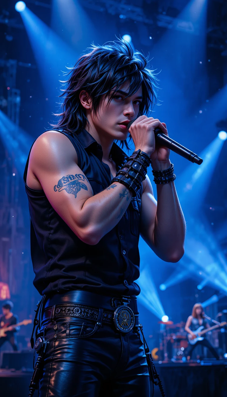 Joven cantante de rock hablando al micrófono en un escenario azul