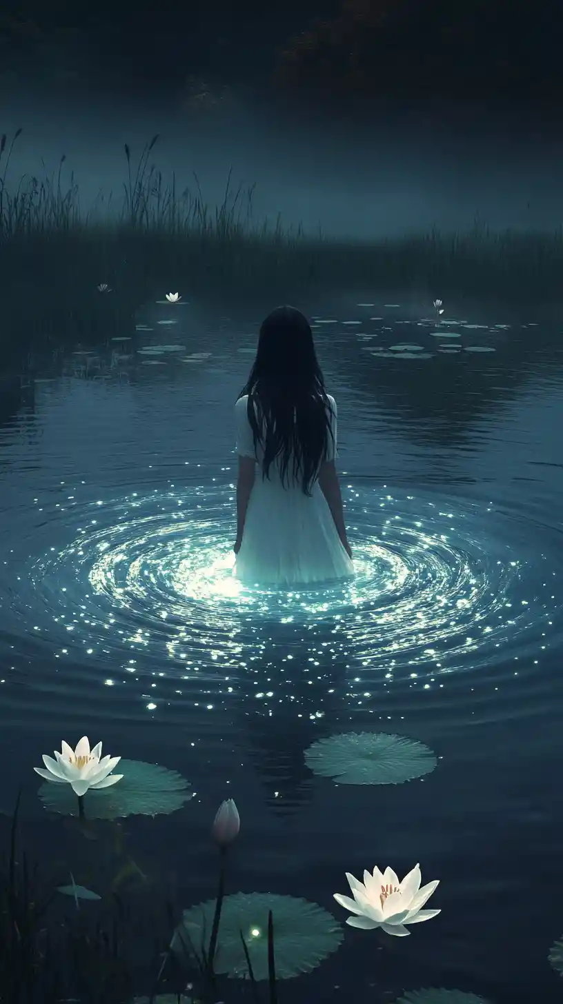 Giovane ragazza che brilla in uno stagno bioluminescente al chiaro di luna