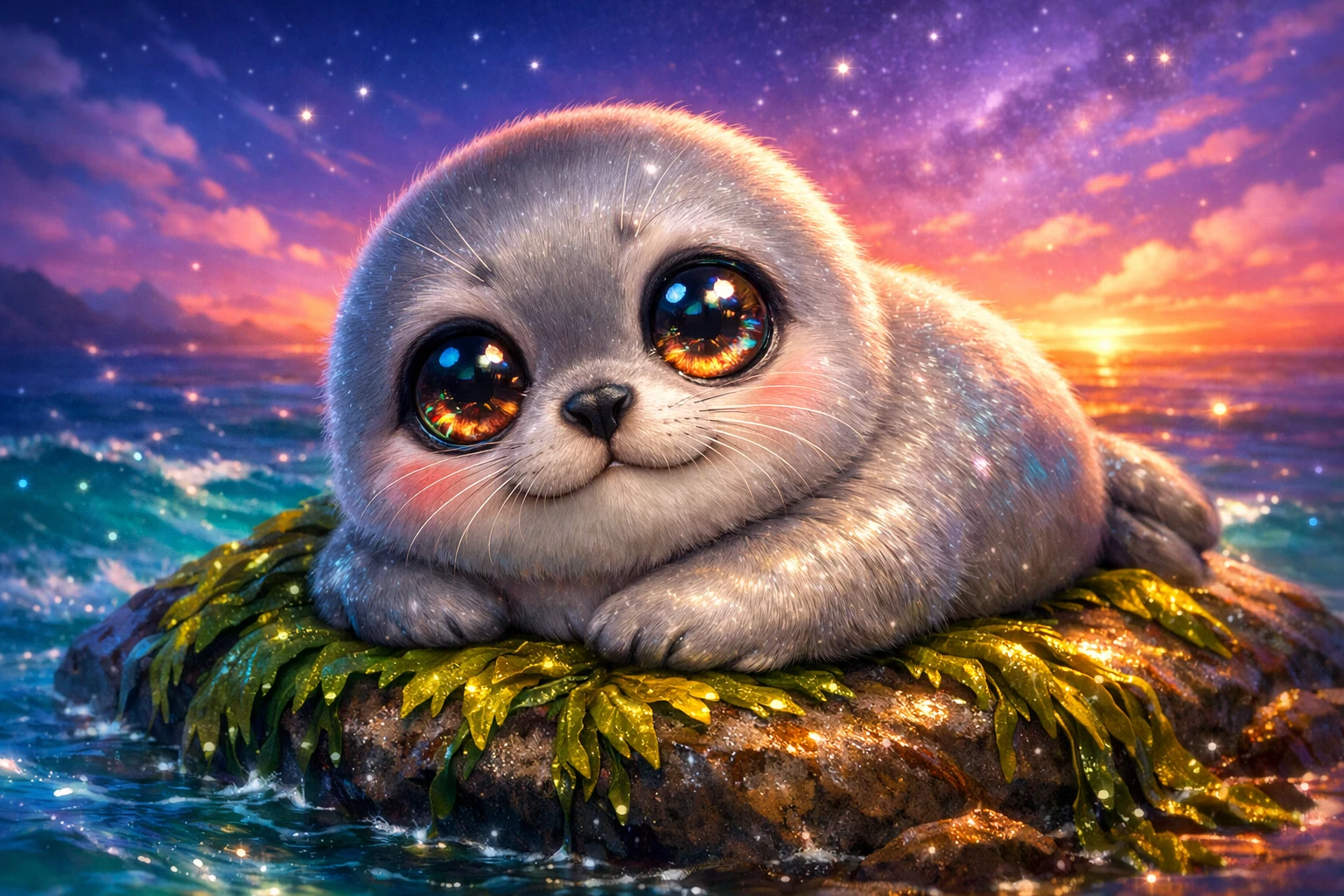 Cute seal pup resting on seaweed covered coastal rock